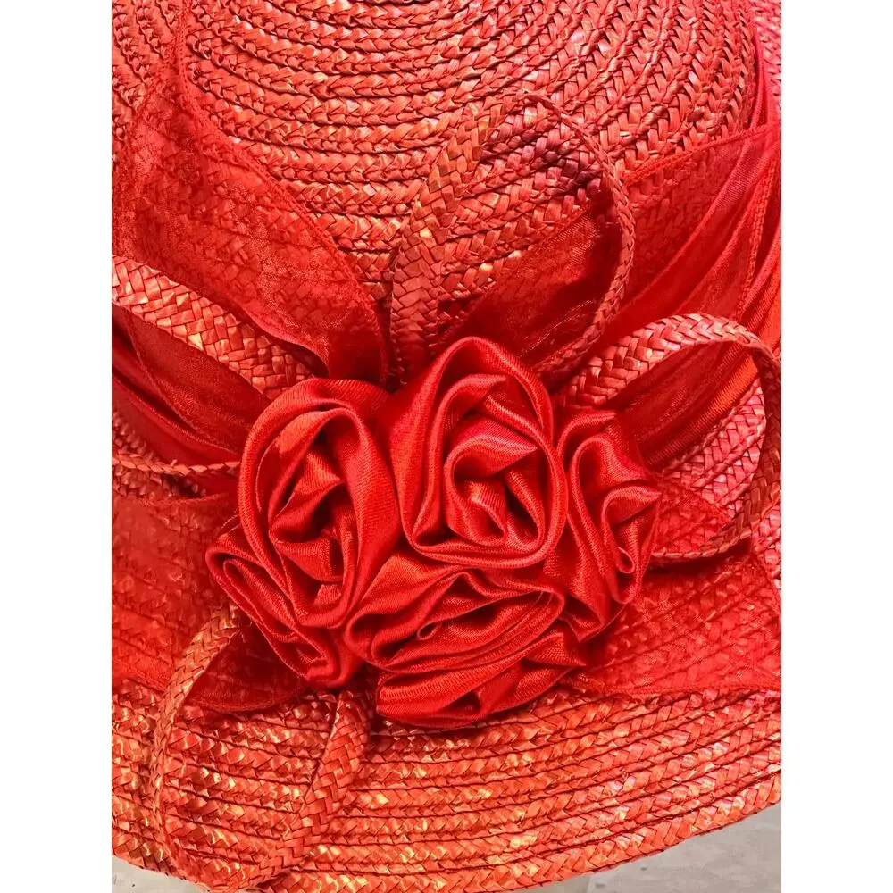 Bright Red Women's Derby Wide Brim Straw Embellished Hat Satin Band Fabric Rose - Picture 7 of 8